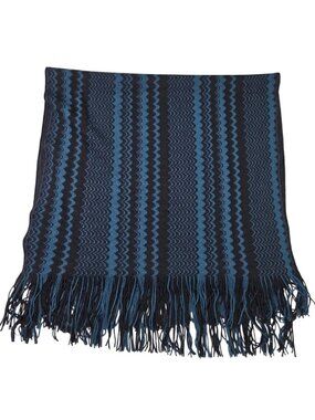 Missoni Wool Blend Unisex Zig Zag Chevron Blue Black Fringe Large Scarf 72 x 18½
